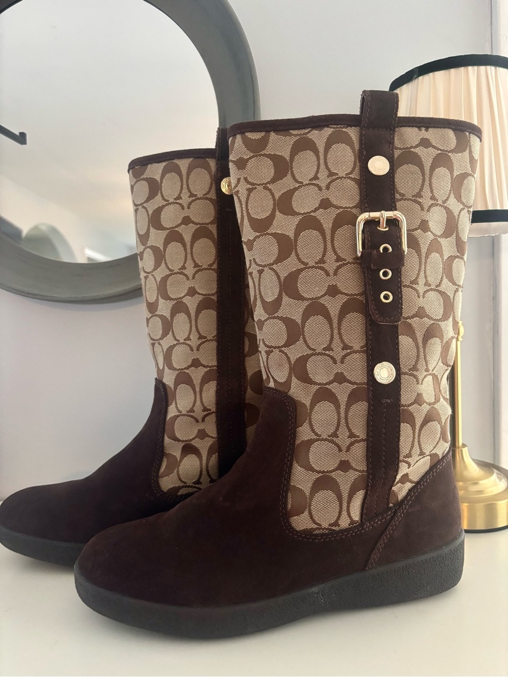 Coach Tullip Mid-calf winter boots in khaki and brown signature C pattern